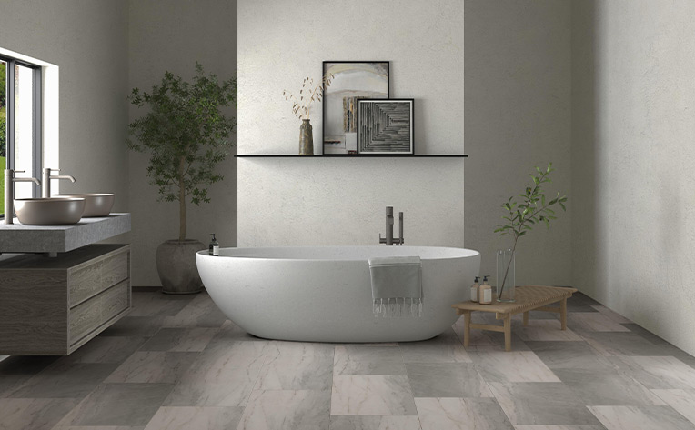 vinyl tile flooring in bathroom with natural decor